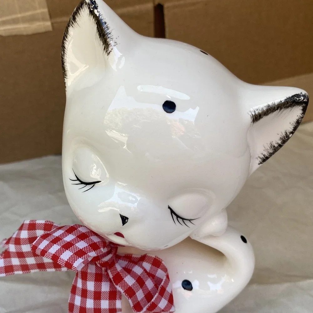 Cat Kitten Figurine Eyes Closed Polka Dotted Ceramic Porcelain Hand Painted